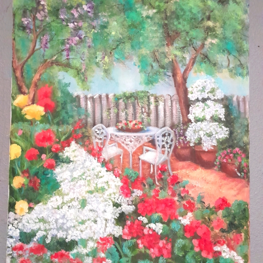 Vintage Acrylic Canvas Painting Floral Garden Signed by Artist